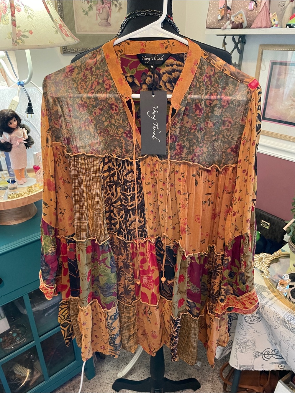 Floral Patchwork Boho  Dress /Tunic - Young Threads M. oversized